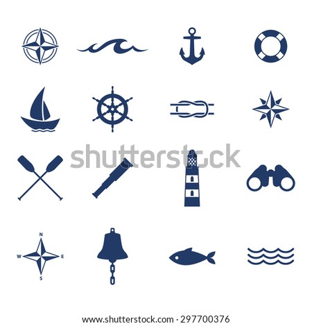 Set of nautical sea ocean sailing icons. Compass anchor wheel bell fish lighthouse symbols. Vector illustration.