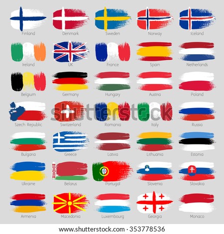 Colorful brush strokes painted european countries flags icons set. Painted texture.