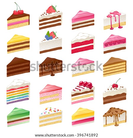 Colorful sweet cakes slices pieces set vector illustration.