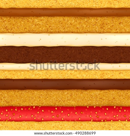Sponge cake with assorted fillings background - vanilla cream caramel chocolate strawberry jam. Colorful seamless texture. Vector illustration. Good for bakery menu design - poster banner flyer