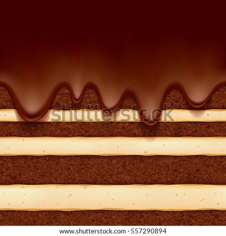 Chocolate sponge cake with vanilla cream filling and chocolate flow background. Colorful seamless texture. Vector illustration. Good for bakery menu design - poster banner flyer packaging.