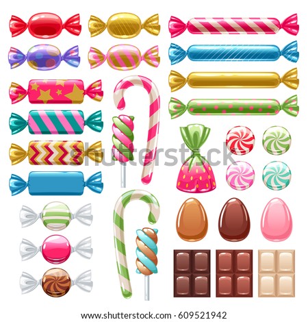 Set of sweets on white background - hard candy, chocolate egg and bar, candy cane, lollipop, peppermint. Vector illustration.