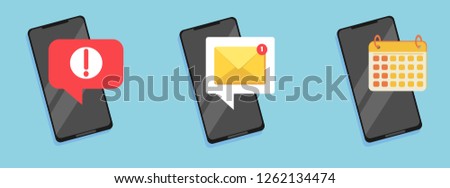 Set of flat email notification on smartphone. Sms icon or mail message reminder mailing on mobile phone or electronic newsletter. Concept of alert message mobile notification.