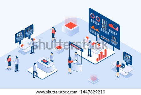 Industrial or Expo center with people looking at exibition stands in gallery hall and communicating with staff 3D isometric vector.