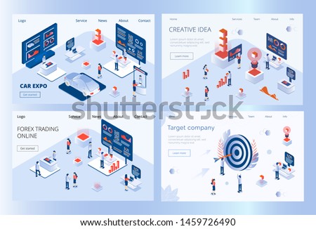 Set of landig pages of car expo, forex trading, creative idea, company target. Advertising products, auto stands or services at exhibition. 3D isometric vector concept for flyer, app.