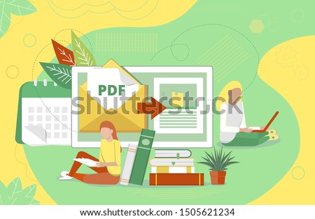 PDF converter concept with tiny people. Screen with changing or converting process of document to another format. Flat vector illustration for app, website, banner, landing page.