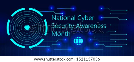 National Cyber Security Awareness Month (NCSAM) is observed in October in USA. Hud elements, globale icon, concept vector are shown on ultaviolet background for banner, website.