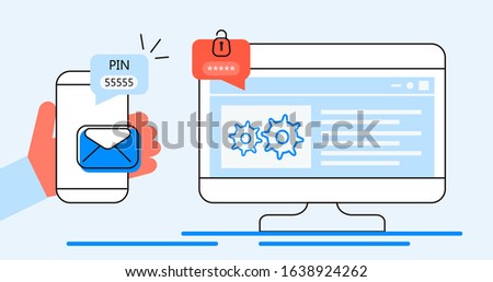 Verification pin code, security code message. Laptop and smartphone with e-mail, bubble chat. Verification online in control system for personal account, banking. Two step authentication vector.