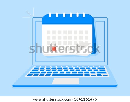 Calendar date on the screen of laptop. Attention or reminder notification of event flat sign with selected important event. Deadline calendar vector icon.