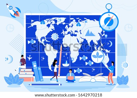 Atlas with metrics, compass, and oceans concept vector. Tiny geographers study earth. Geography and topography research illustration. Teacher in front of map in school or university. 