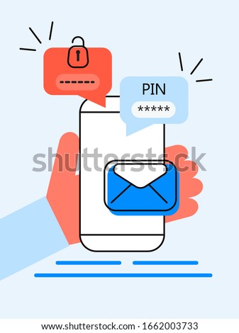 Verification pin code, security code message. Smartphone with e-mail, bubble chat. Verification online in control system for personal account, banking. Two step authentication vector.
