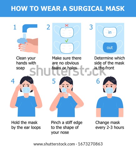 Man is putting on mask to prevent virus. Illustration of steps, how to wear surgical mask. Instruction vector of washing hands. Prevention of corona-virus. Foto d'archivio © 