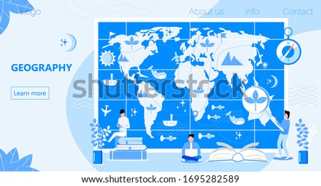 Atlas with metrics, compass, and oceans concept vector. Geographers study earth. Geography online and topography research illustration. Teacher in front of map in school or university. 
