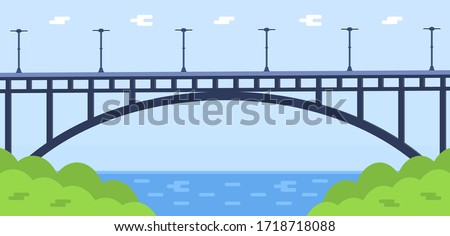 Metal bridge vector. City architecture element and bridge-construction across the river with carriageway isolated and lanterns on colourful landscape background.