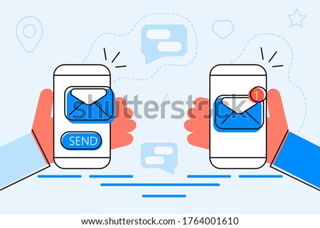 Alert message mobile notification concept. Two hand holding smartphone with email notification on screen. Send message, like, file, document.  SMS icon or mail message reminder vector illustration.