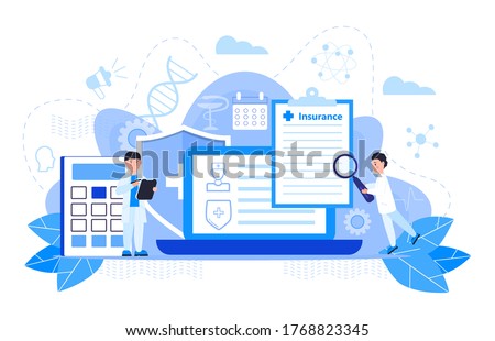 Healthcare insurance vector concept, people with doctor fill health online form insurance. Help agent service for calculate insurance bill. it can used for landing page, ui, web, mobile app.