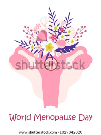 World menopause day concept vector. Event is celebrated in 18 October. Uterus with tropical flower and leaves. Sign pause inside woman organ. 