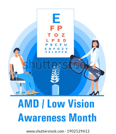 AMD, Low vision awareness month event is celebrated in February. Medical ophthalmologist eyesight check up concept vector. Eye doctor illustration for health care web banner, post.