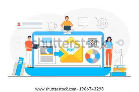 PDF converter from jpeg, word document concept. Screen with changing or converting process of document to another format. Flat vector illustration for app, website, banner, landing page.