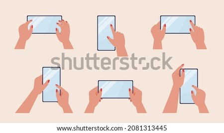 Smartphones in hands and touch empty screen. Mockup of multi touchscreens of mobile phones vector set. Surfing in Internet, drag scroll, play app games  illustrations in flat style.  