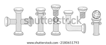 Greek ancient column set vector. Antique pillar in line style. Roman pedestal outline illustration in black color. Trendy, futuristic 
curved columns. Ionic, vintage arhitecture collection. Imagine de stoc © 