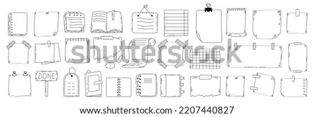 Paper empty sheet in doodle style. Line stikers vector illustration for notes. To do list, memo pages. Paper page doodle set in hand drawn line. Doodle checklist set. Blank bullet journal sheets. 