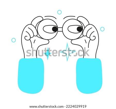 Hands hold binoculars vector in doodle, online style. Human looking through binoculars. Search engine concept in line art style. Research process, web surfing illustration.