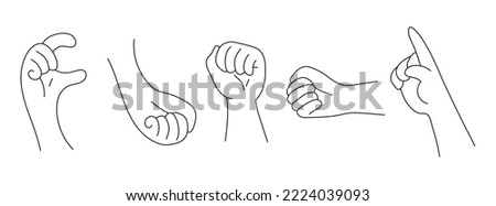 Hand gesture set vector in doodle style, line art. Different gestures sign vector. Thumb up, pointer finger, fist.