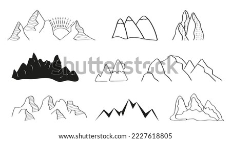 Mountains doodle icons vector. Rocks silhouettes set. Mountain ranges and tops in a linear style. Winter hiking logo. 