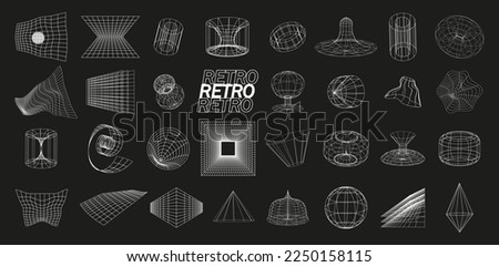 Retrofuturistic, wireframe line elements vector set. Perspective grids in cyberpunk style. Polar grid, portals circle. Abstract geometry,  blackhole, bipyramide sign. Gravity tunnel in line style.