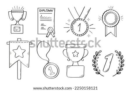 First place doodle icon. Medals and diploma set vector. Champion cup in sketch style. Awards, trophy cups, stars. Winner prize, champion cup, ribbon in hand drawn style. Victory line illustration.