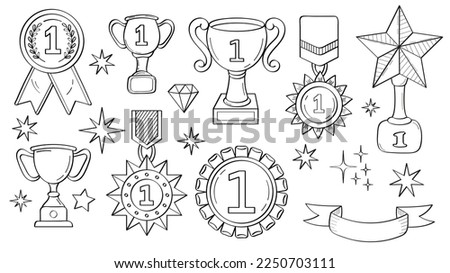First place doodle icon. Medals and diploma set vector. Champion cup in sketch style. Awards, trophy cups, stars. Winner prize, champion cup, ribbon in hand drawn style. Victory line illustration.