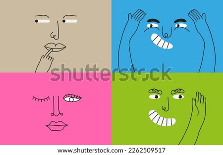 Funny faces icon set vector in cartoon style. Colorful grimace character in simple style. 
Smiling, funny faces of little men. Children's sticker pack for social networks.