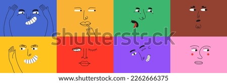 Funny faces icon set vector in cartoon style. Colorful grimace character in simple style. 
Smiling, funny faces of little men. Children's sticker pack for social networks.