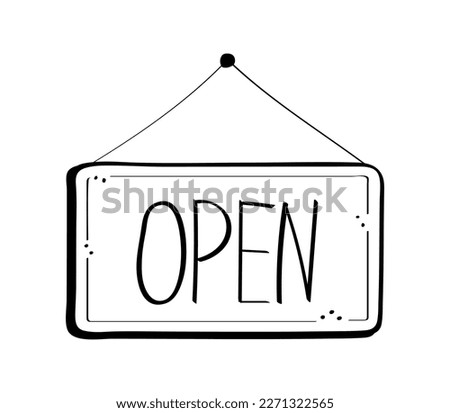 Open door tag set vector hand drawn. Shop door badge illustration in doodle sketch style. Window open store label.