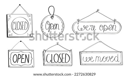 Open closed door tag set vector. Supermarket haning labels. Shop door badge illustration in doodle sketch style. Window open store label. 