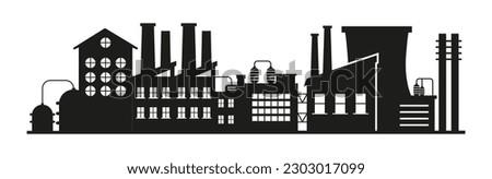 Factory, manufactury and plants vector set. Business buildings 
silhouette. Oil refinery. Factory silhouette icons. Industrial warehouse,  architecture.