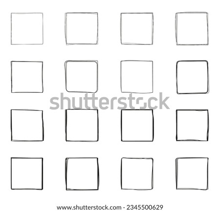 Squares line, grunge vector set in sketch style. Frames outline in hand drawn style. Continuous line square shape for web, social networks.