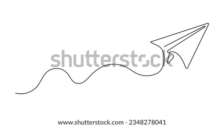 Plane icon continuous style, with fly rout vector. Paper airplane in hand drawn style. Outline paper aircraft.  Doodle message, sms, e-mail symbols. Letter dilivery illustration. 
