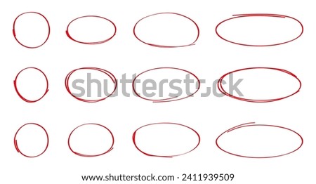 Oval, circle line, grunge vector set in sketch style. Red frames outline in hand drawn style. Doddle abstract forms for social net.	