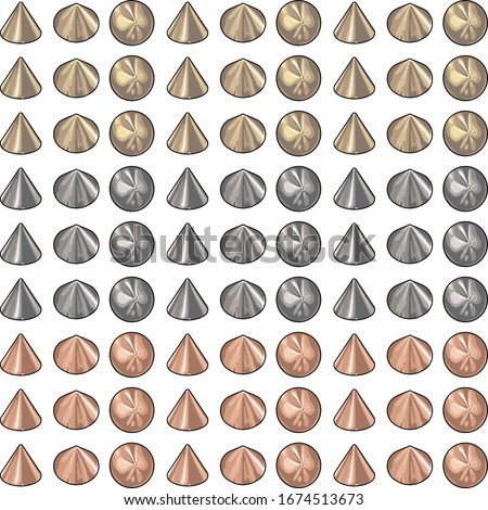 Fashion Elements: Cone Metal Studs Vector Illustration in Gold, Silver, & Rose Gold 