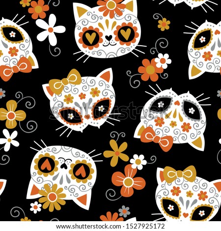 Hand drawn seamless vector pattern with cute cat sugar skulls and flowers on black background. Perfect for fabric or wrapping paper. 