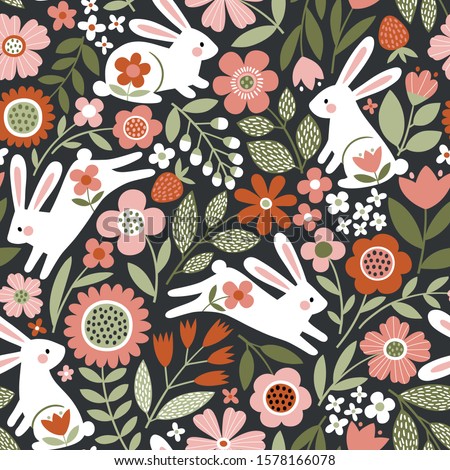 Seamless vector pattern with cute, white rabbits on floral background. Perfect for textile, wallpaper or print design. 