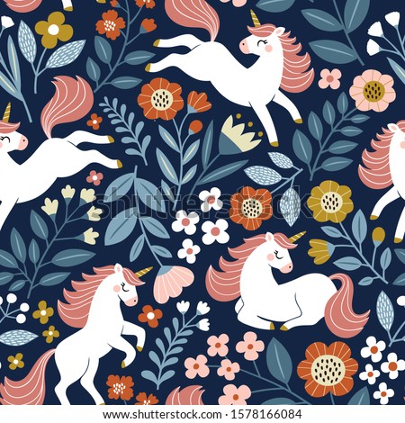Seamless vector pattern with cute unicorns on floral background. Perfect for textile, wallpaper or print design. 