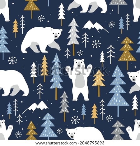 Seamless vector pattern with cute hand drawn polar bears, pine trees and snowy winter woodland on dark blue background. Perfect for textile, wallpaper or print design.