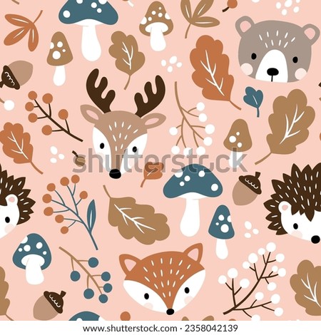 Seamless vector pattern with cute woodland animal heads, mushroom, berry and leaves. Perfect for textile, wallpaper or print design.