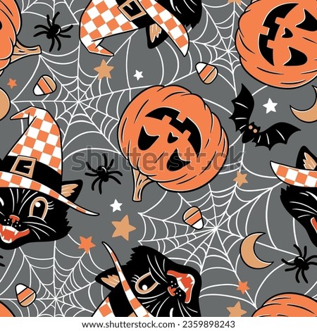 Hand drawn seamless vector pattern with vintage Halloween black cat, pumpkin, bat, spider, spider web, moon and stars. Perfect for textile, wallpaper or print design.