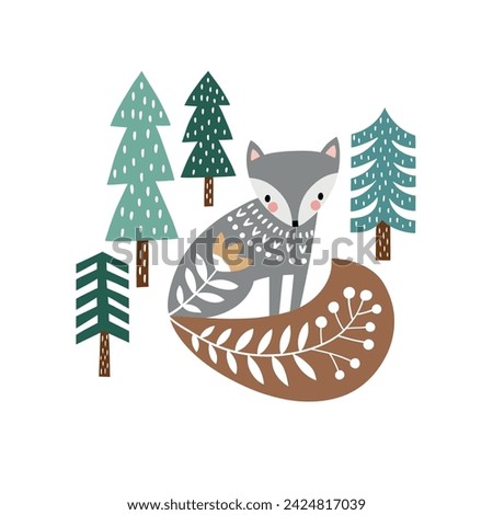 Hand drawn vector Scandinavian woodland illustration with cute wolf in pine tree forest. Perfect for tee summer t-shirt logo design, greeting card, poster, invitation or nursery print.