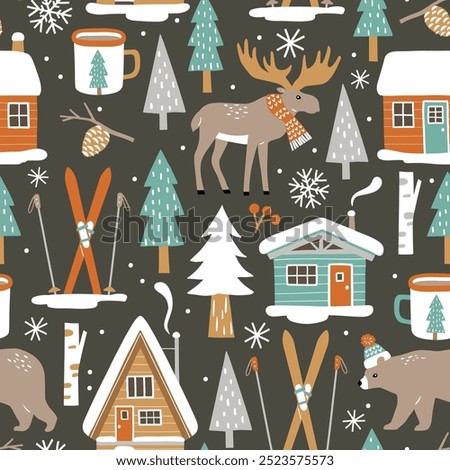 Hand drawn seamless vector pattern with forest animals and pine trees. Snowy winter woodland landscape with cute moose, bear and ski lodge. EPS 10 vector file. Perfect for textile, wallpaper, print. 