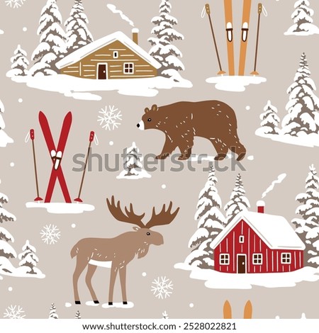 Seamless vector pattern with snowy woodhouse, ski equipment, moose and bear. Hand drawn winter forest landscape. EPS 10 vector file. Perfect for textile, wallpaper or print design.